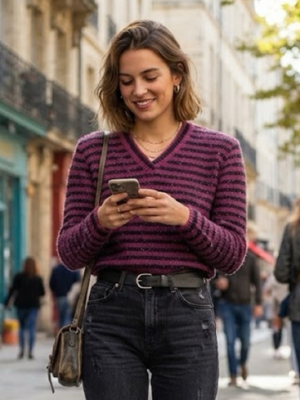 Vintage Plum and Black Striped V-Neck Boyfriend Sweater